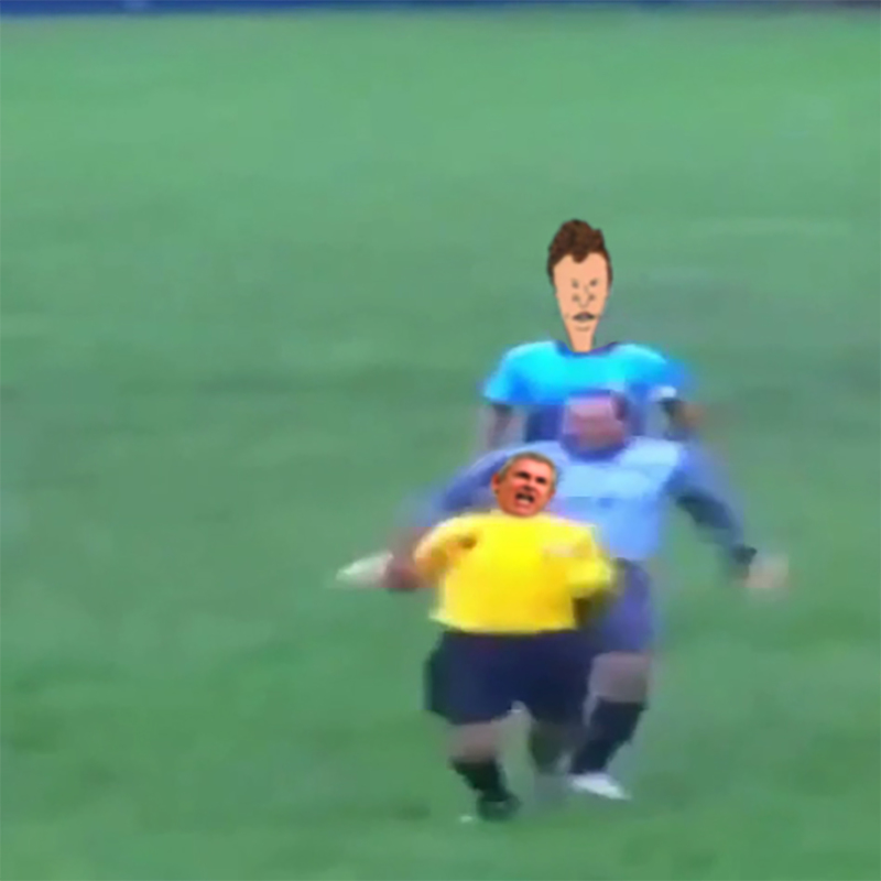 Self Portrait as Butthead on field with Castañeda getting kicked at Copa Peru, 2015